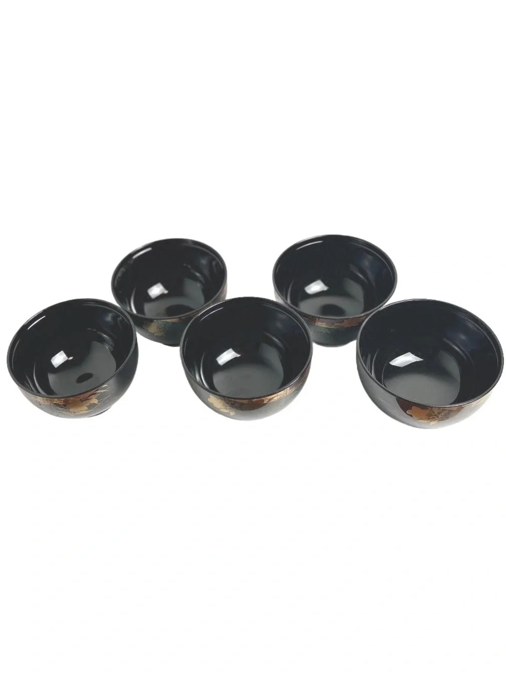 Set of 5 Vintage Black Lacquered Japanese Tea Bowls with Gold Leaf Design